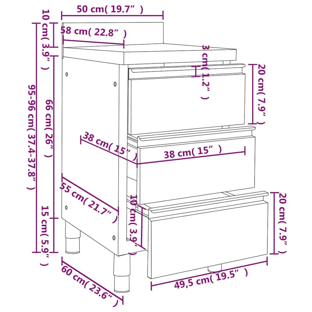 Commercial Kitchen Cabinet Stainless Steel Storage Unit with 3 Drawers 50x60x96cm