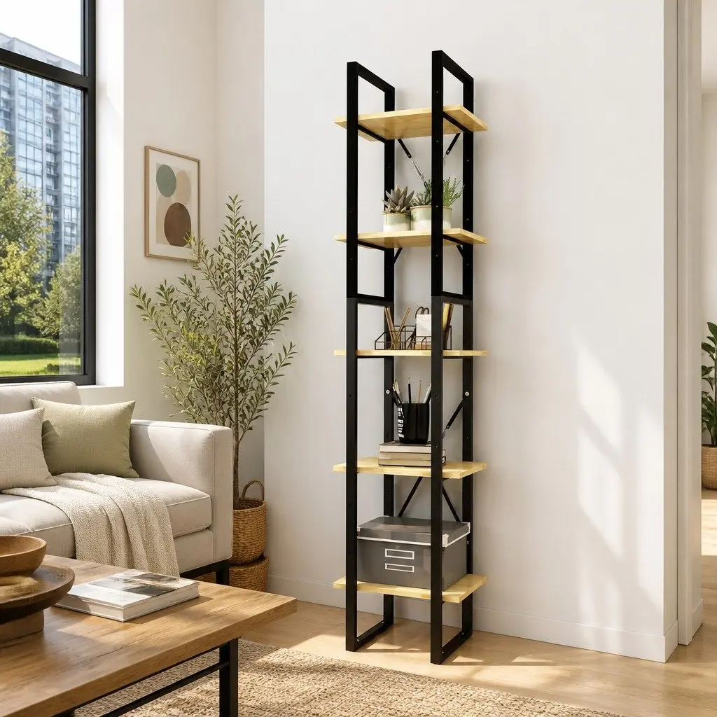 5-Tier Wooden Book Cabinet Pinewood and Metal Frame 40x30x175cm Brown