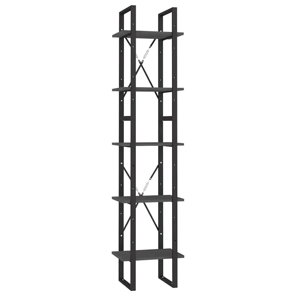 5-Tier Book Cabinet Grey Pinewood Metal Frame Storage Shelving Unit 40x30x175cm