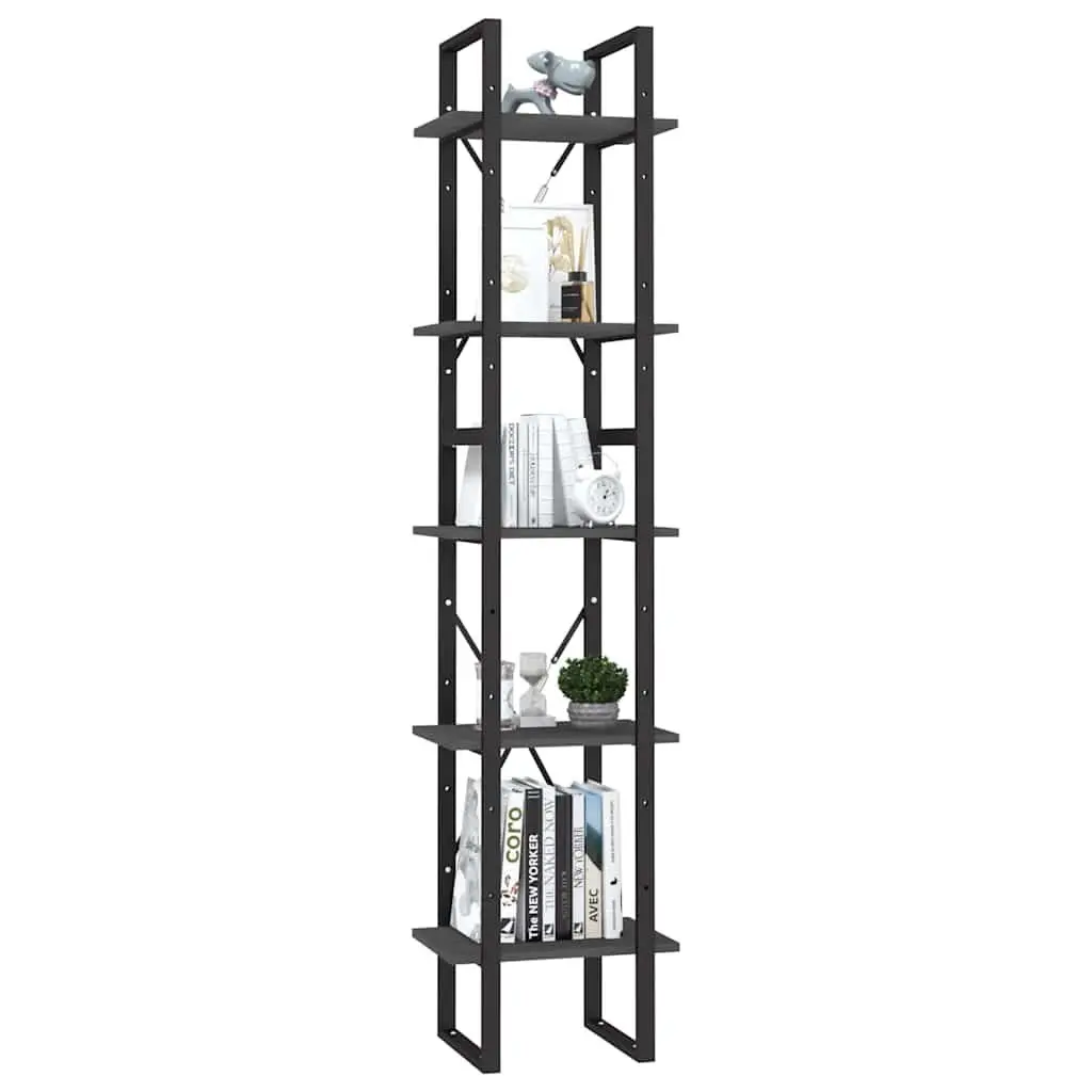 5-Tier Book Cabinet Grey Pinewood Metal Frame Storage Shelving Unit 40x30x175cm