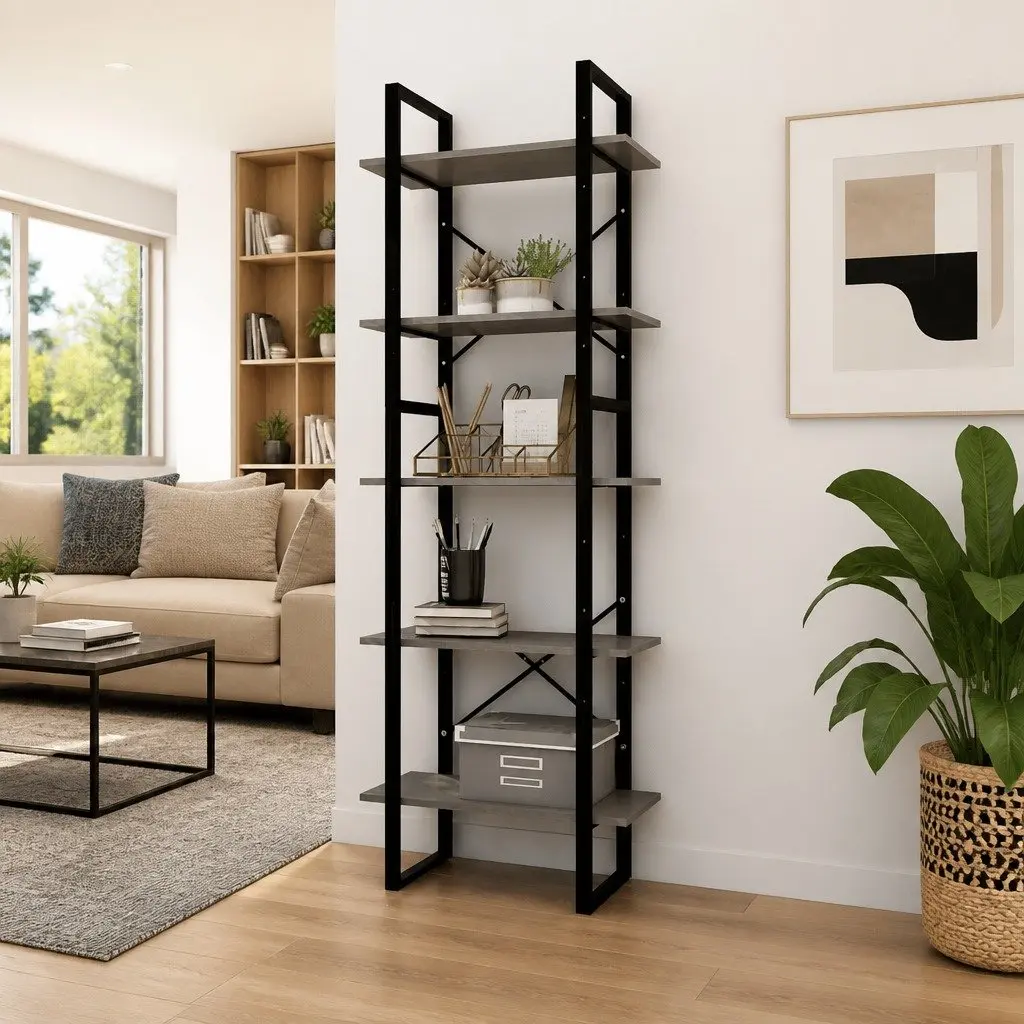 5-Tier Book Cabinet Pinewood Grey Storage Shelving Unit