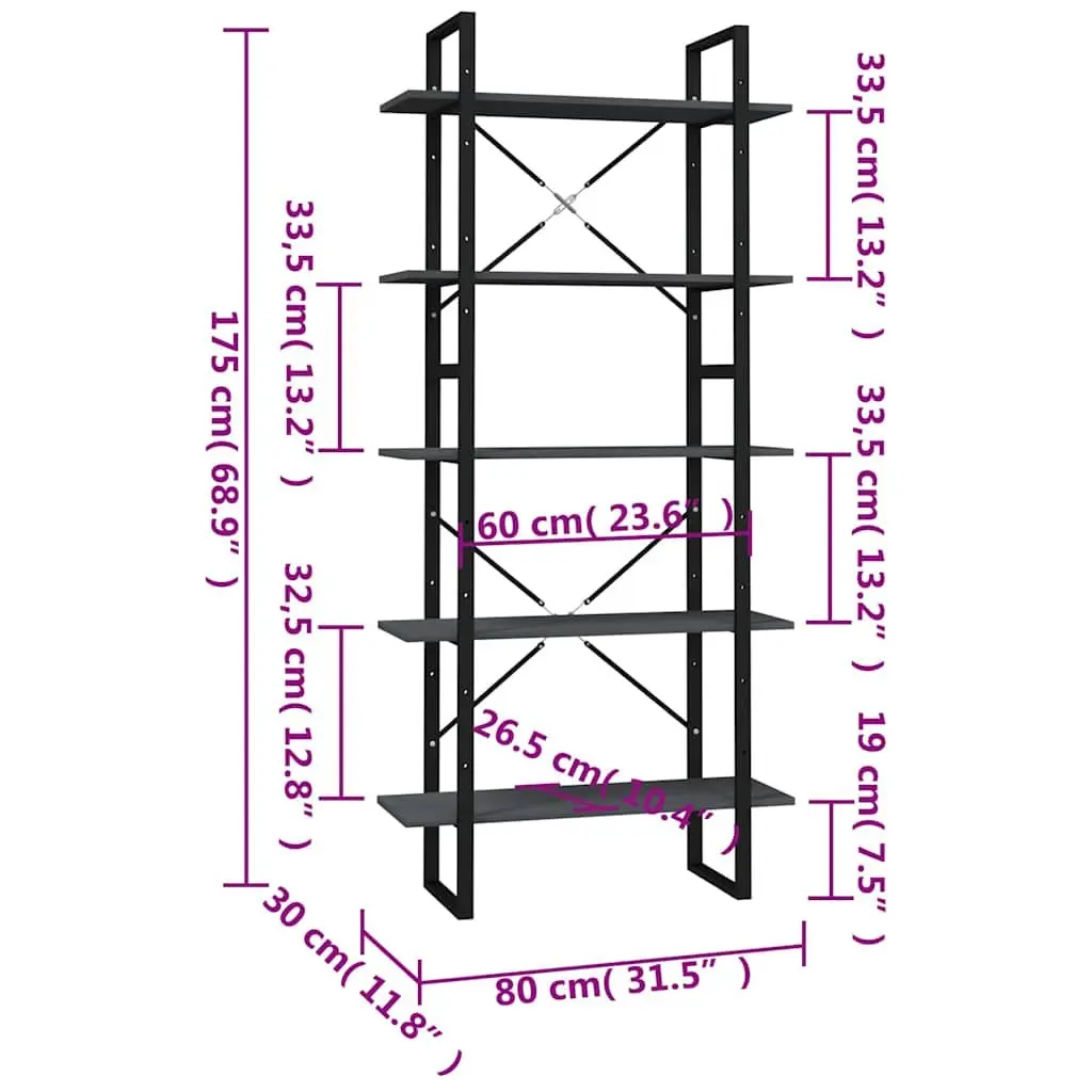 5-Tier Book Cabinet Pinewood Metal Frame Grey