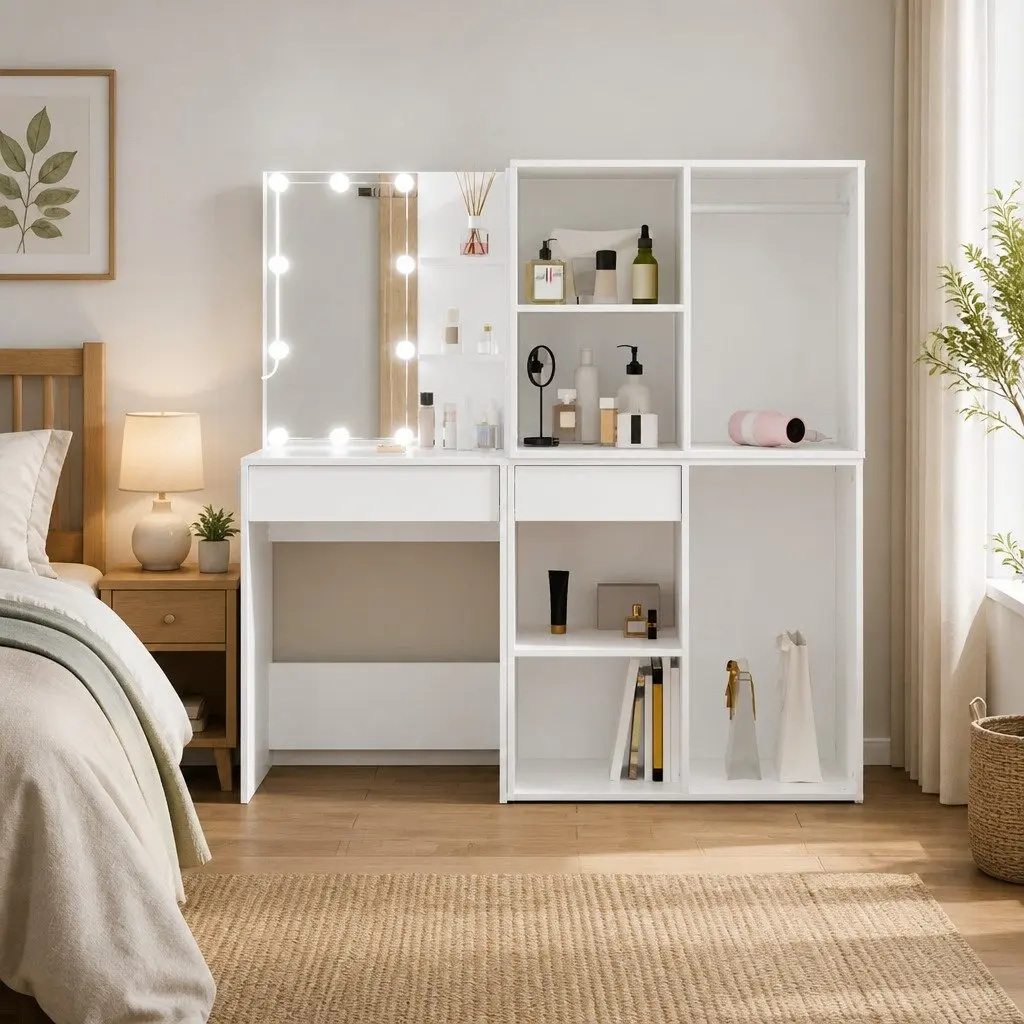 LED Dressing Table Engineered Wood 2 Storage Cabinets White