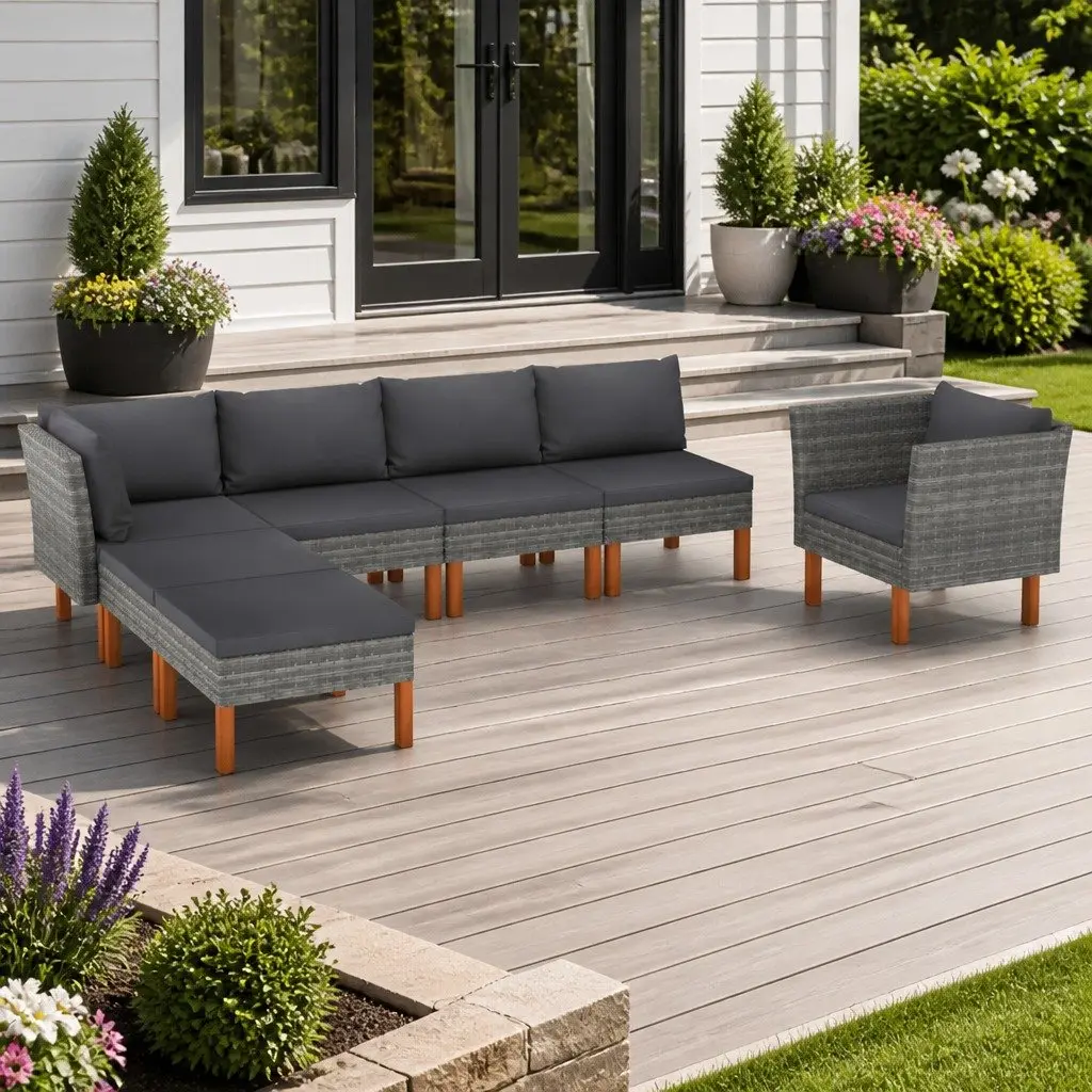 7 Piece Grey Eucalyptus Wood Outdoor Patio Lounge Set Steel Rattan Furniture