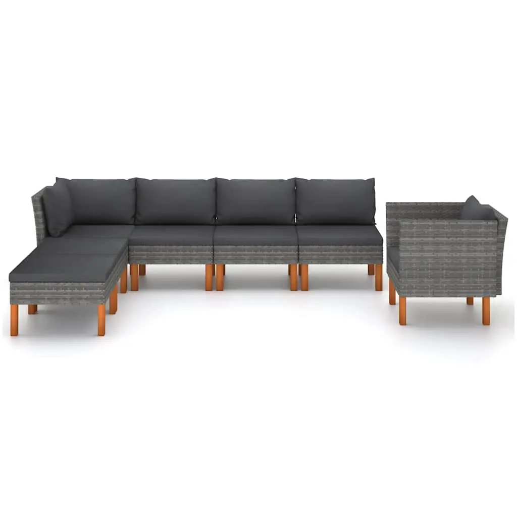 7 Piece Grey Eucalyptus Wood Outdoor Patio Lounge Set Steel Rattan Furniture