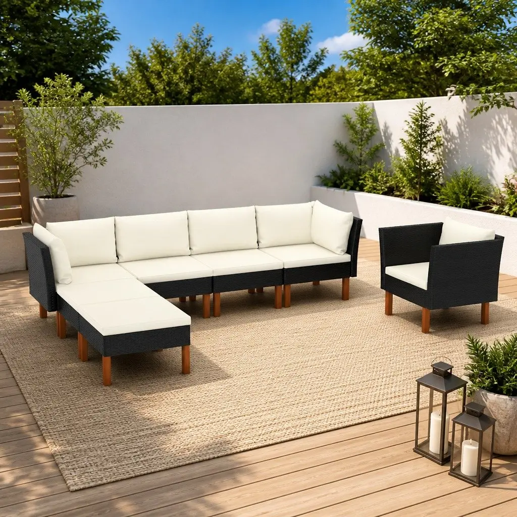 7 Piece Outdoor Sofa Set Poly Rattan Eucalyptus Wood Black Powder Coated Steel Frame with Removable Cushions