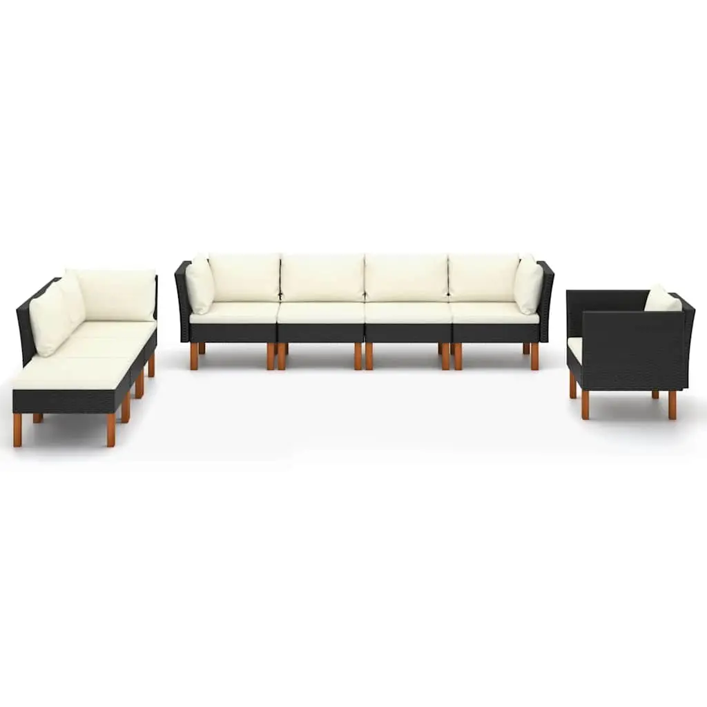 8 Piece Outdoor Sofa Set Black Eucalyptus Wood Powder Coated Steel with PE Rattan Garden Lounge
