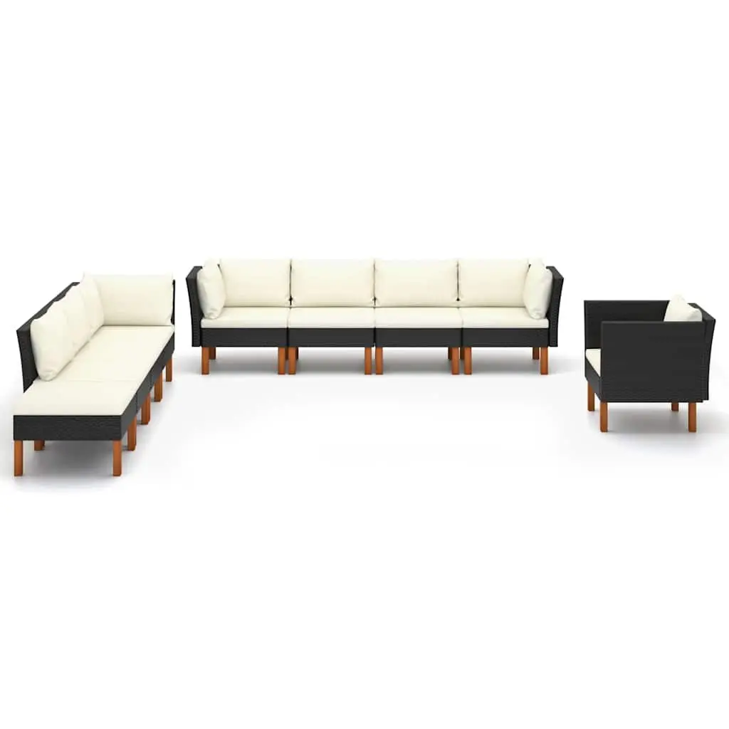 9 Piece Outdoor Lounge Set PE Rattan Steel Eucalyptus Wood Black