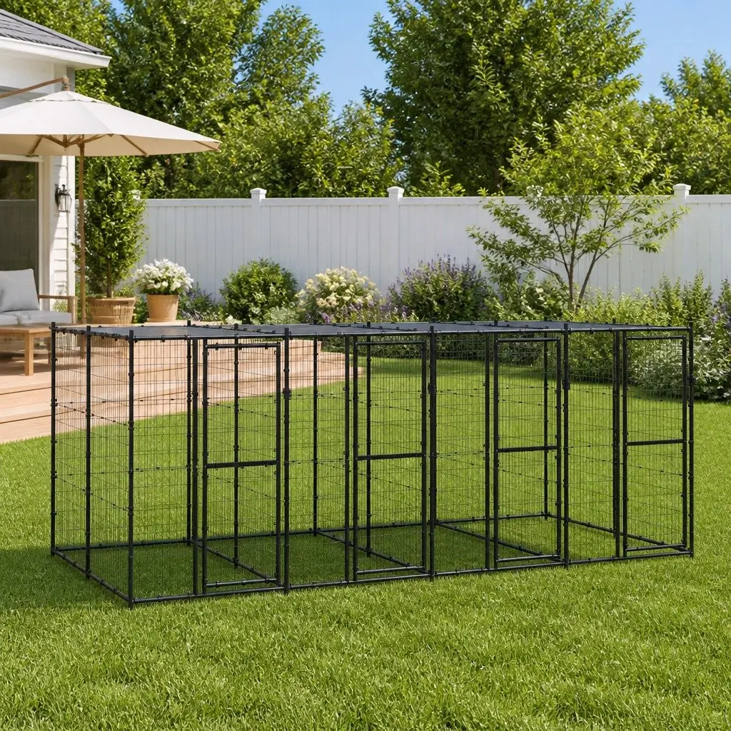 Outdoor Dog Kennel Steel Frame with Roof Water-Resistant Canopy Exercise Run
