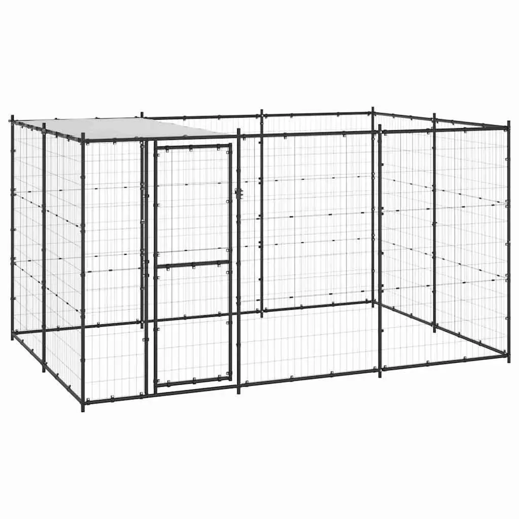 Outdoor Dog Kennel Enclosure with Roof Canopy Black Steel Frame 7.26 m²