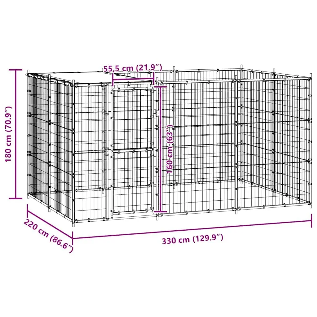 Outdoor Dog Kennel Enclosure with Roof Canopy Black Steel Frame 7.26 m²