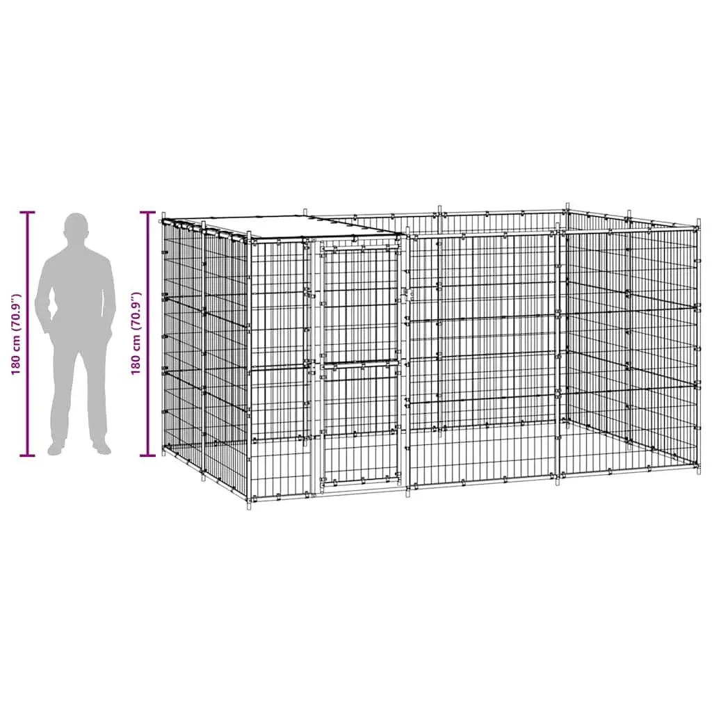 Outdoor Dog Kennel Enclosure with Roof Canopy Black Steel Frame 7.26 m²