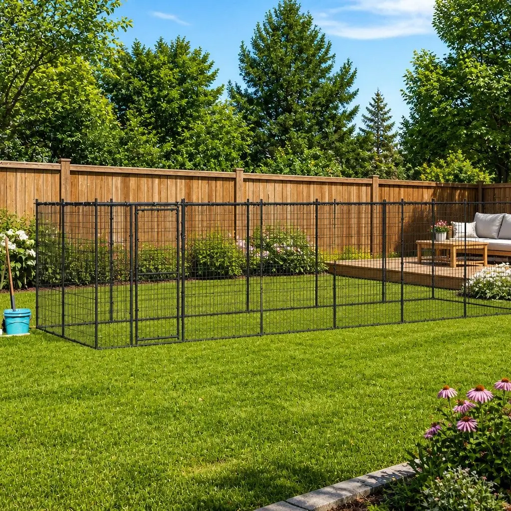 Outdoor Dog Kennel Steel 16.94 m² Black with Roof Canopy
