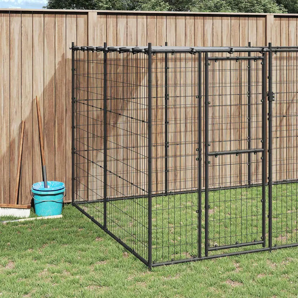 Outdoor Dog Kennel Steel 16.94 m² Black with Roof Canopy