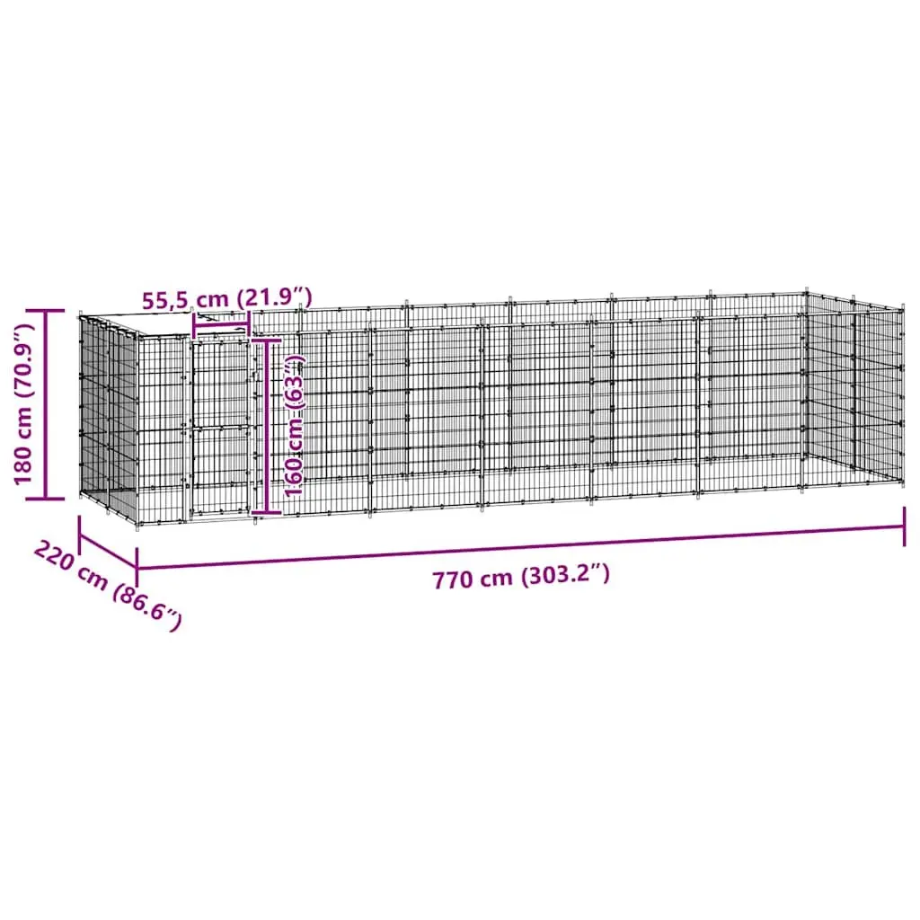 Outdoor Dog Kennel Steel 16.94 m² Black with Roof Canopy