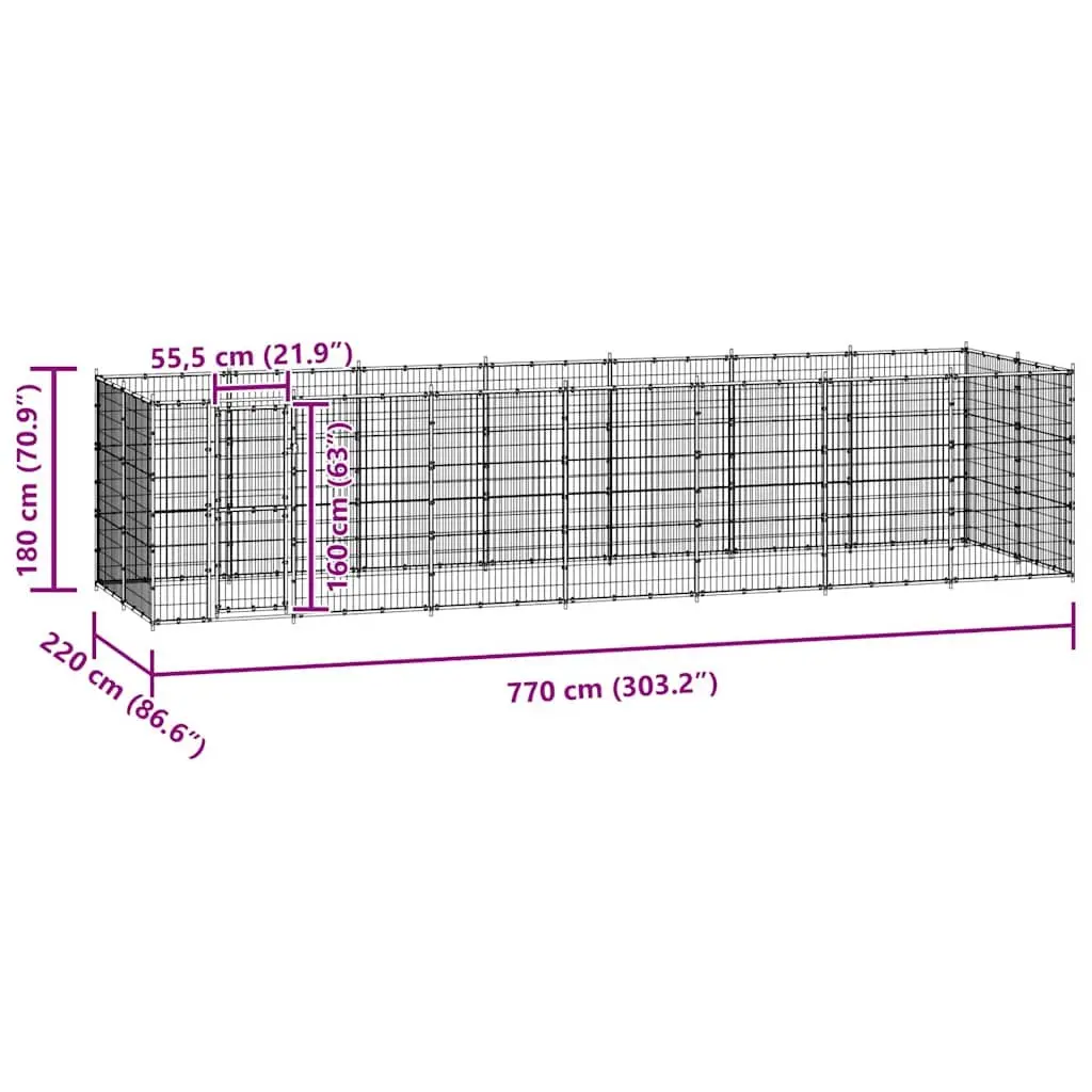 Dog Kennel Outdoor Powder-coated Steel 21.78 m² Large Black Mesh Run Enclosure Exercise Play Pen