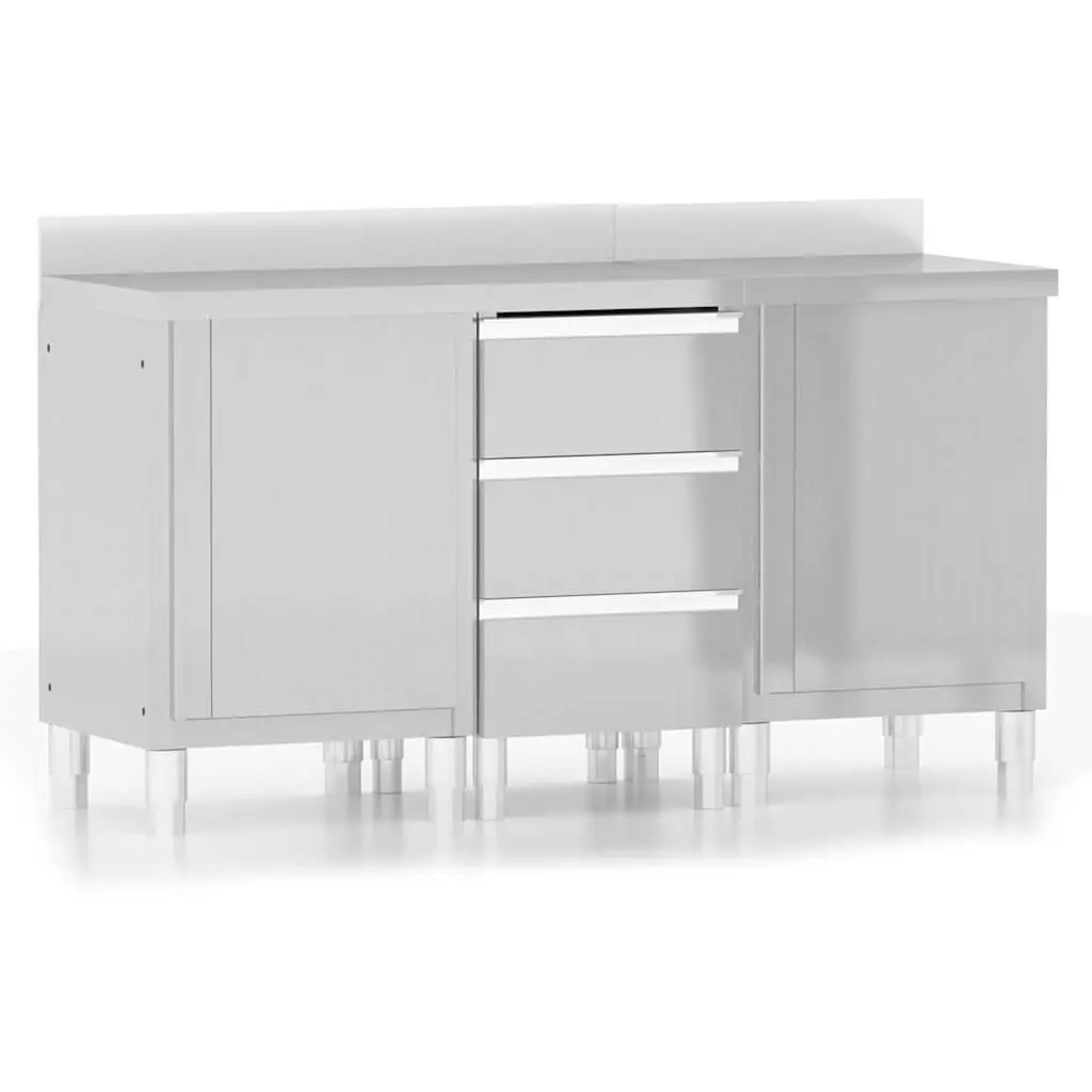 Stainless Steel Storage Cabinet Set for Commercial Kitchen 3 Pieces with Adjustable Feet Backsplash and Water Pipe Hole