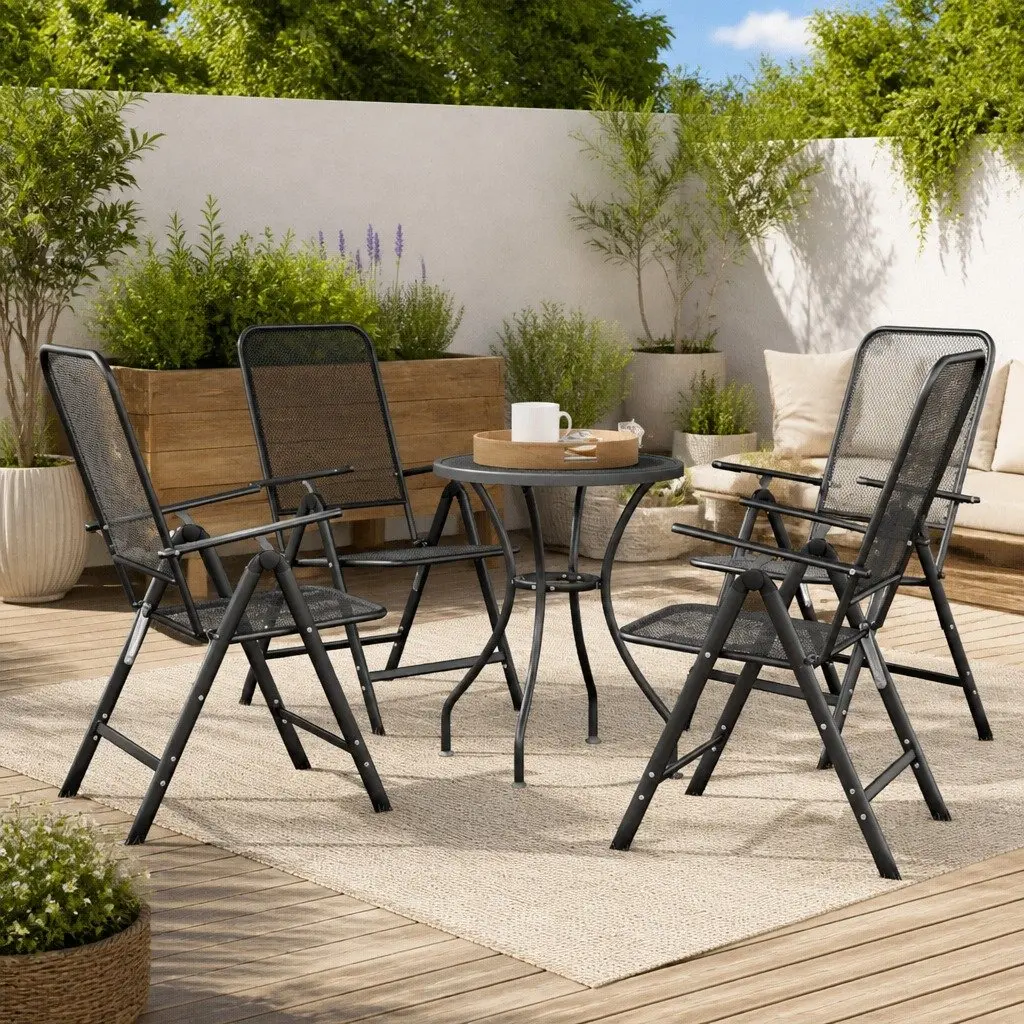 Outdoor Furniture Set 5 Piece Anthracite Expanded Metal Mesh Garden Dining with Folding Chairs and Adjustable Backrest