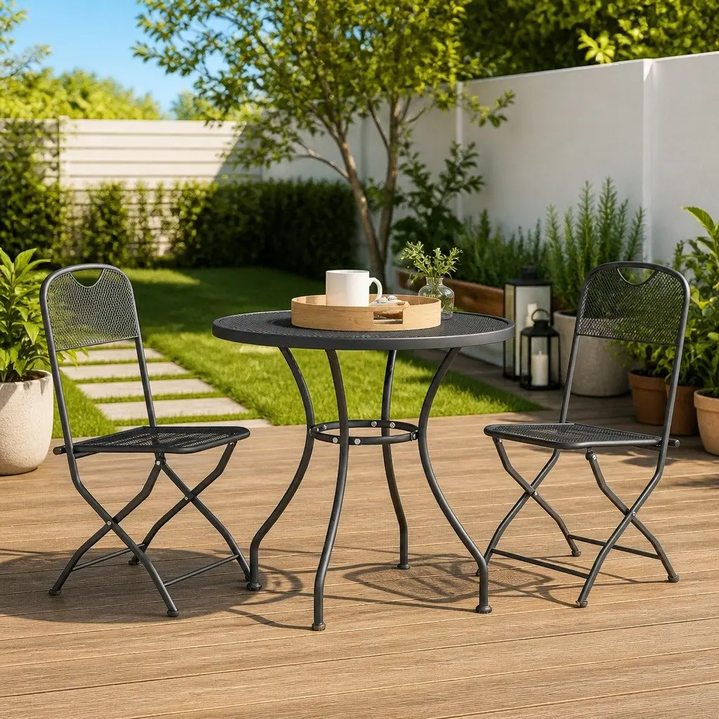 3 Piece Expanded Metal Mesh Dining Set Anthracite Outdoor Table and Folding Chairs