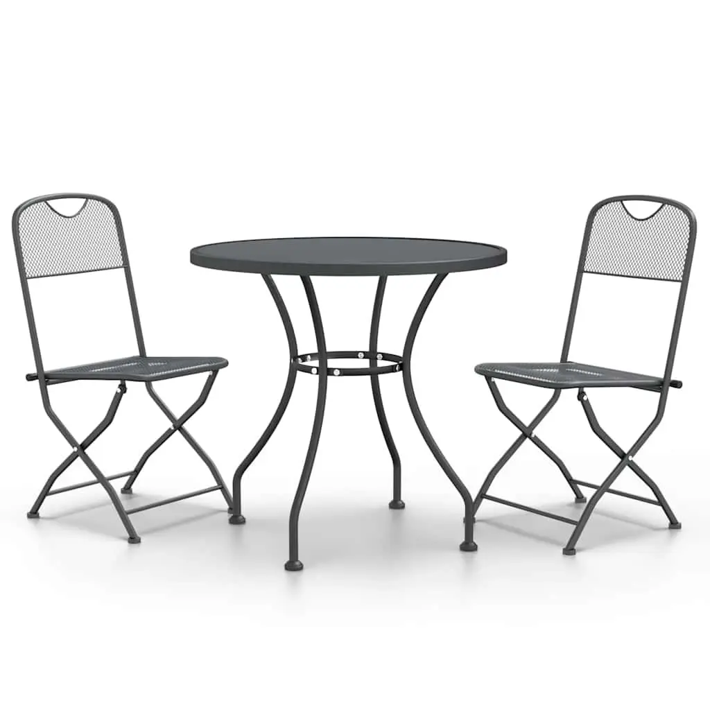 3 Piece Expanded Metal Mesh Dining Set Anthracite Outdoor Table and Folding Chairs