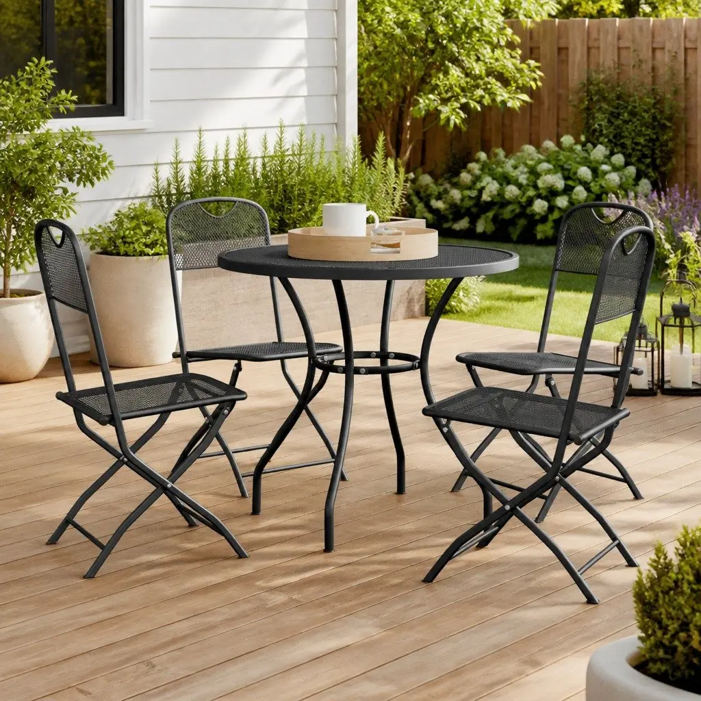 5 Piece Expanded Metal Mesh Garden Dining Set Anthracite Outdoor Furniture with Folding Chairs