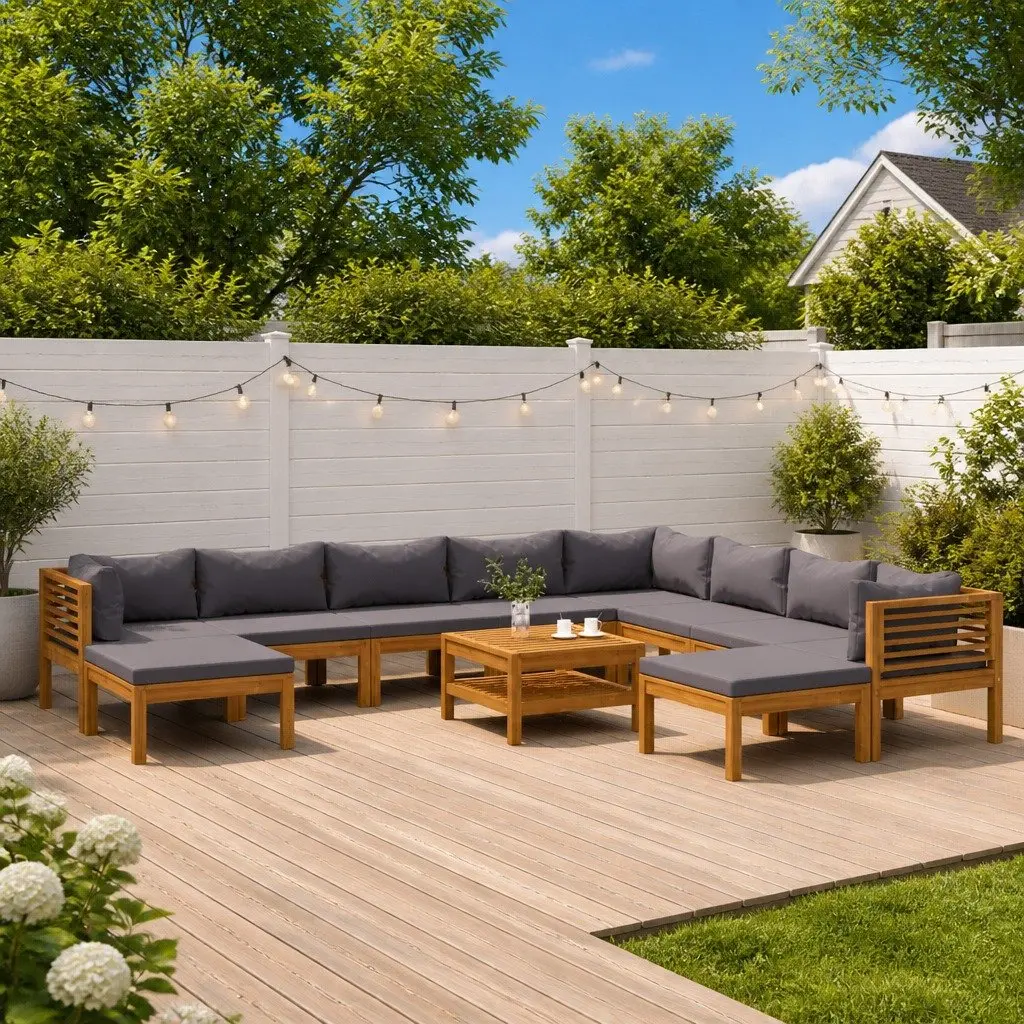Outdoor Lounge Set Solid Acacia Wood Modular 11 Piece Grey with Cushions Coffee Table