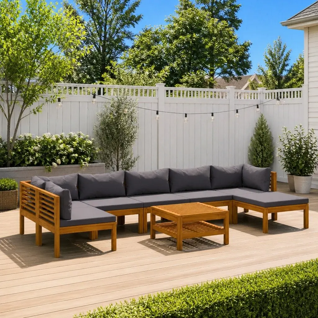 8PieceModularGardenLoungeSetGreySolidAcaciaWoodFrameThicklyPaddedCushionsOutdoorFurnitureWithCoffeeTable