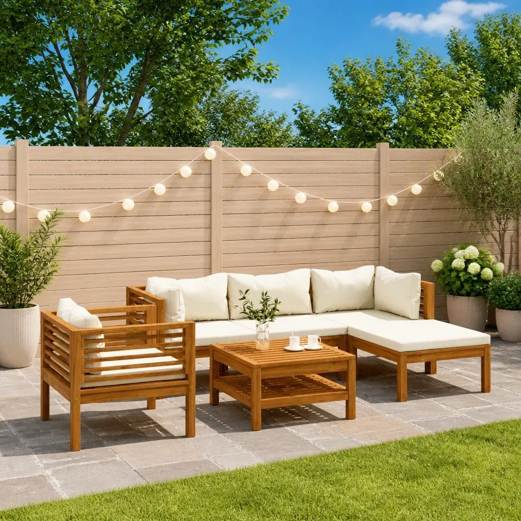 Garden Lounge Set Acacia Wood Modular 6 Piece Outdoor Furniture Cream Cushions