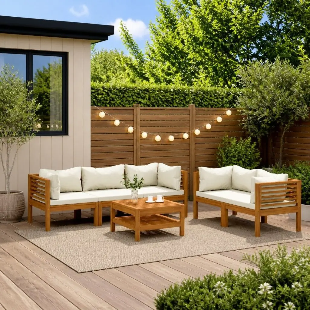 Garden Lounge Set Solid Acacia Wood Modular 6 Piece Outdoor Furniture Cream