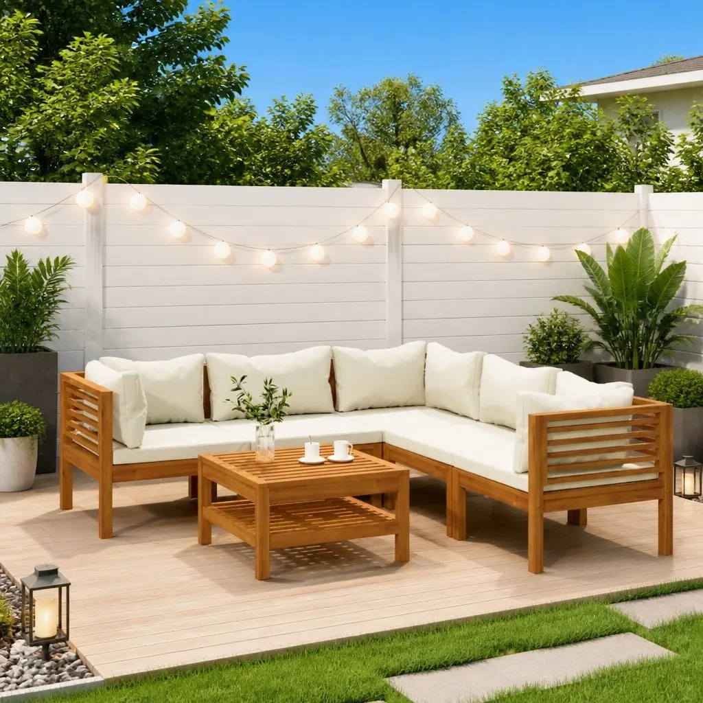 Garden Lounge Set Acacia Wood 6 Piece Modular Sofa Patio Cream