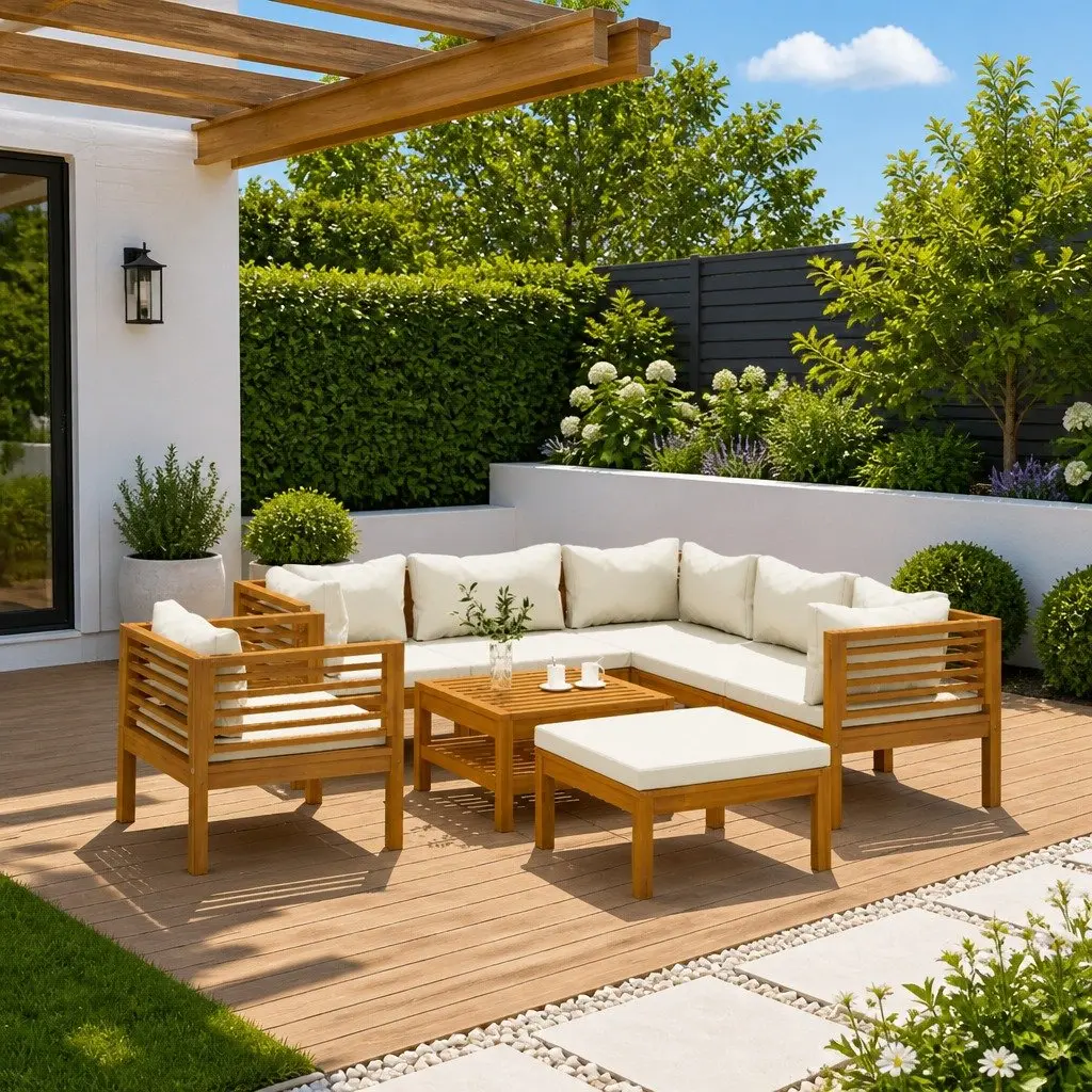 8 Piece Outdoor Garden Lounge Set Solid Acacia Wood Modular Sofa Cream Cushions Slatted Coffee Table