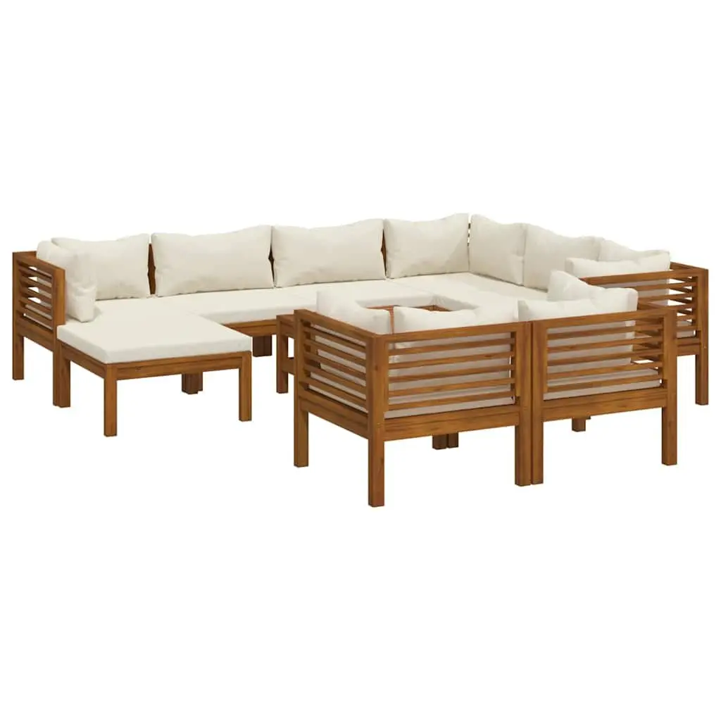 10 Piece Outdoor Lounge Set Solid Acacia Wood Modular Sofa Cream Cushions Slatted Coffee Table