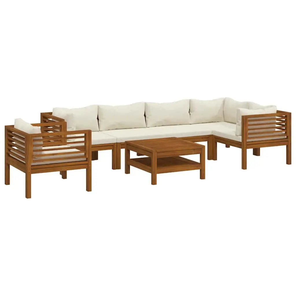 7 Piece Modular Lounge Set Acacia Wood Cream Seating with Removable Cushions and Slatted Coffee Table for Outdoor Patio Garden