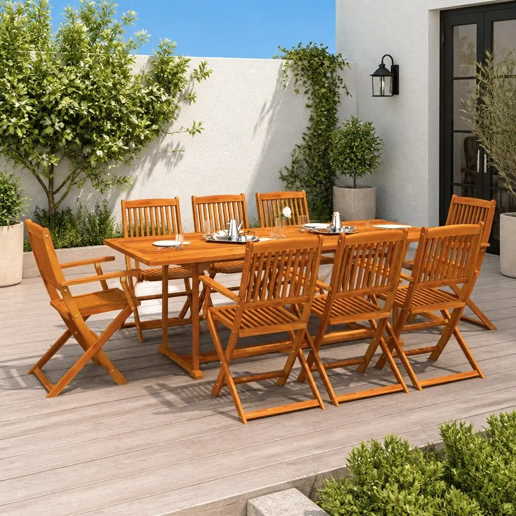 Garden Dining Set 9 Piece Outdoor Patio Table Chairs Brown Wood Furniture