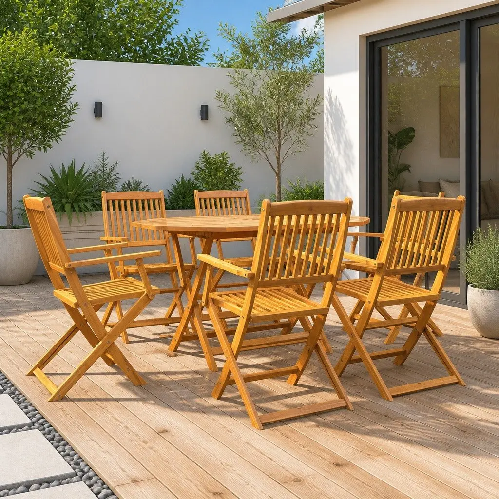 7 Piece Outdoor Garden Dining Set Solid Acacia Wood Brown Foldable Compact
