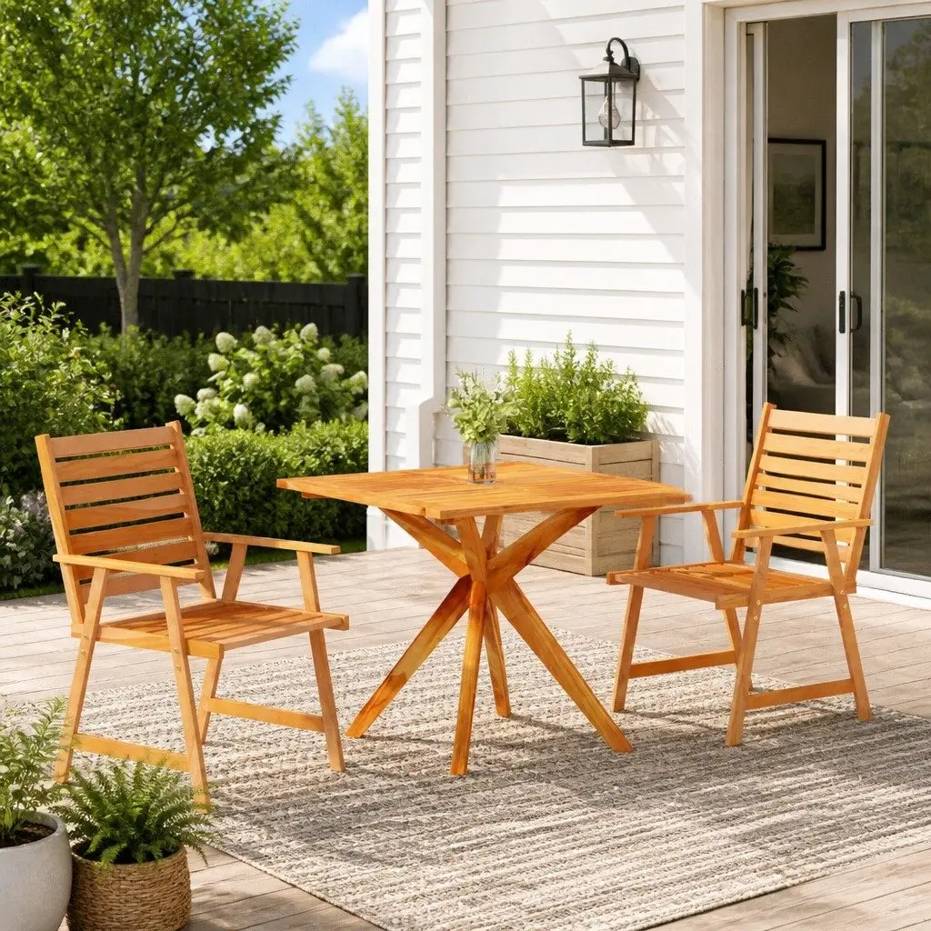 Outdoor Patio Dining Set 3 Piece Brown Solid Acacia Wood Table and Chairs