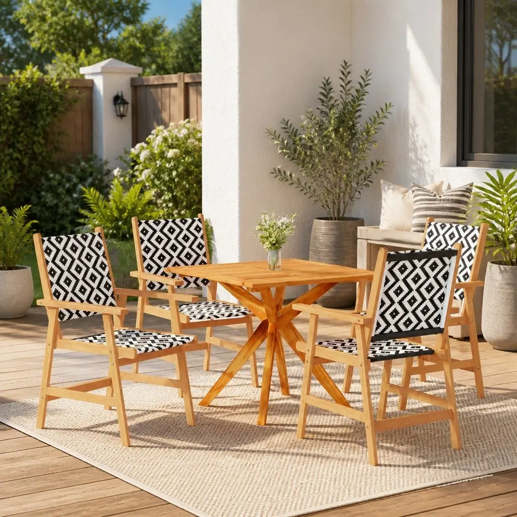 5 Piece Garden Dining Set Solid Acacia Wood Brown Outdoor Furniture Patio Table Chairs