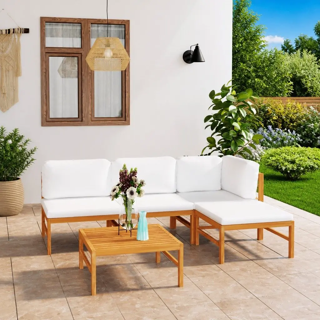 5 Piece Garden Lounge Set Teak Wood Outdoor Furniture with Cream Cushions