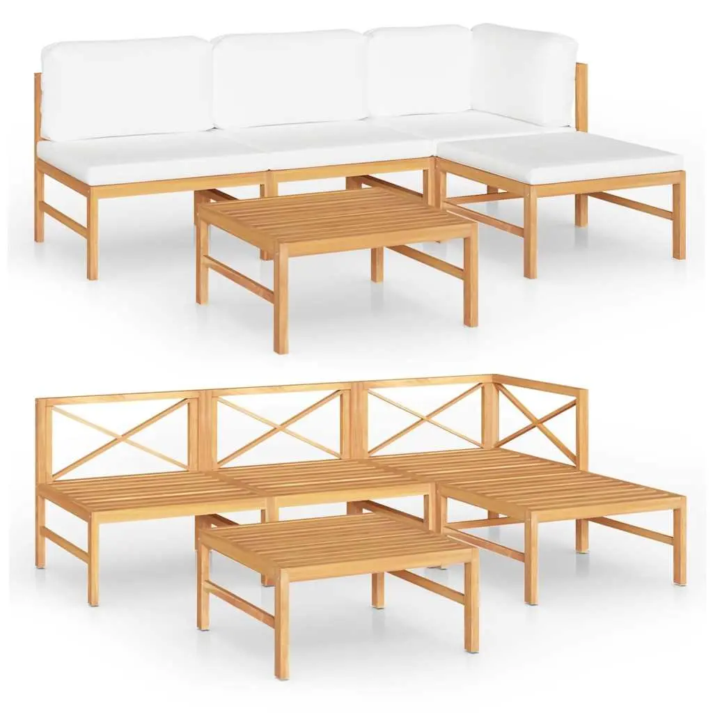 5 Piece Garden Lounge Set Teak Wood Outdoor Furniture with Cream Cushions
