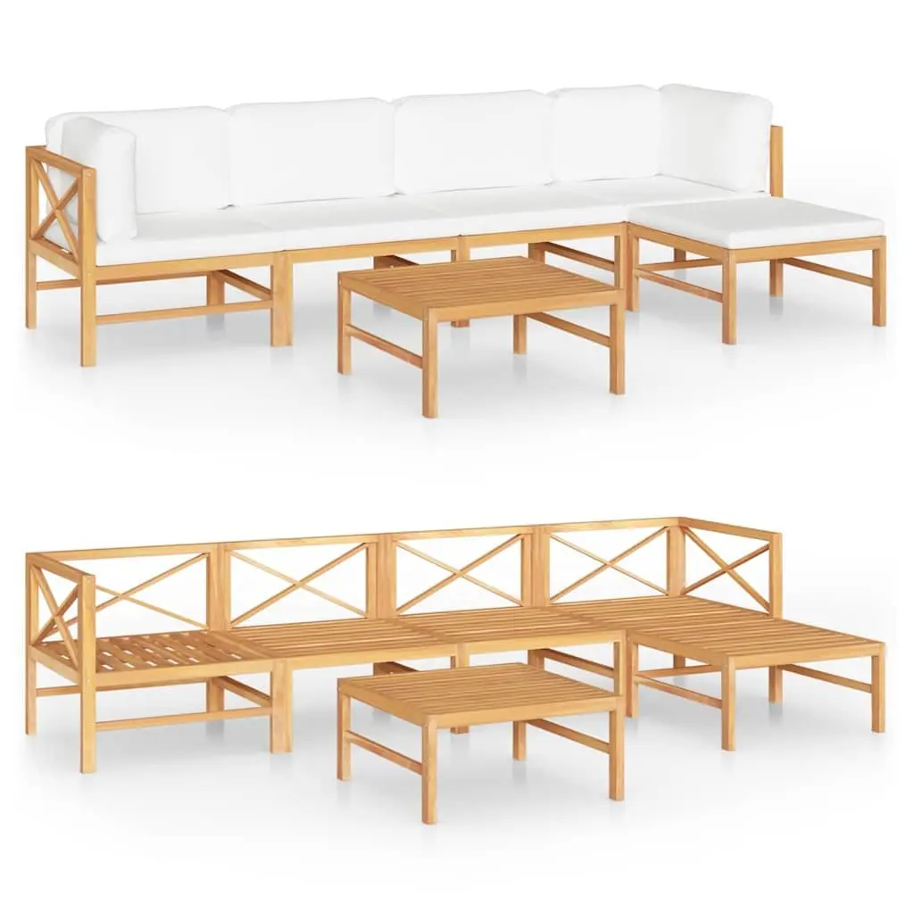 Outdoor Furniture Lounge Set 6 Piece Teak Wood Cream Sofa Chairs Table Footrest with Cushions