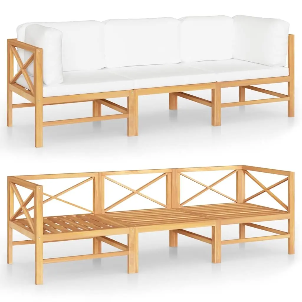 3-Seater Garden Sofa Solid Teak Wood Outdoor Couch Cream Cushions Patio Bench