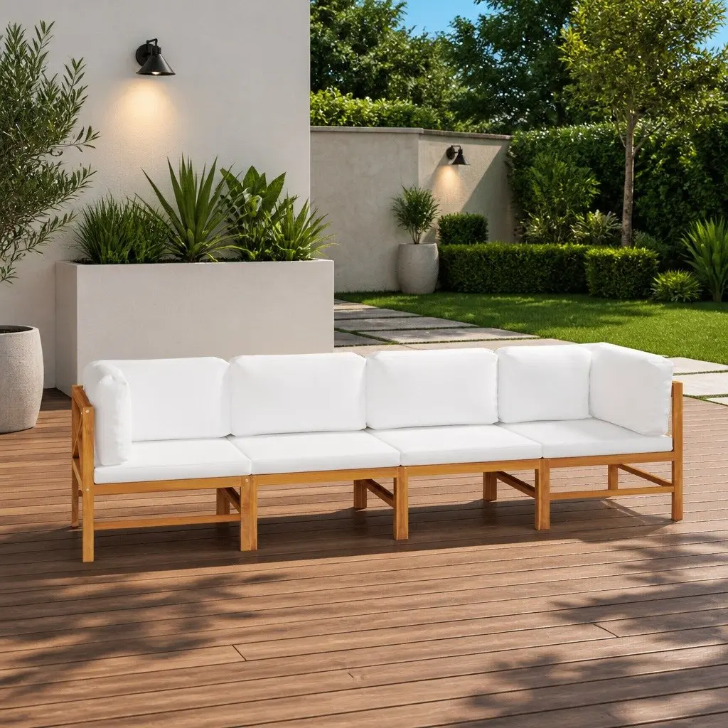Outdoor Lounge Couch Teak Wood 4-Seater Garden Sofa Cream Cushions