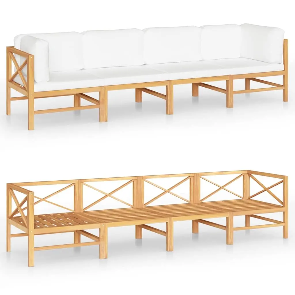 Outdoor Lounge Couch Teak Wood 4-Seater Garden Sofa Cream Cushions