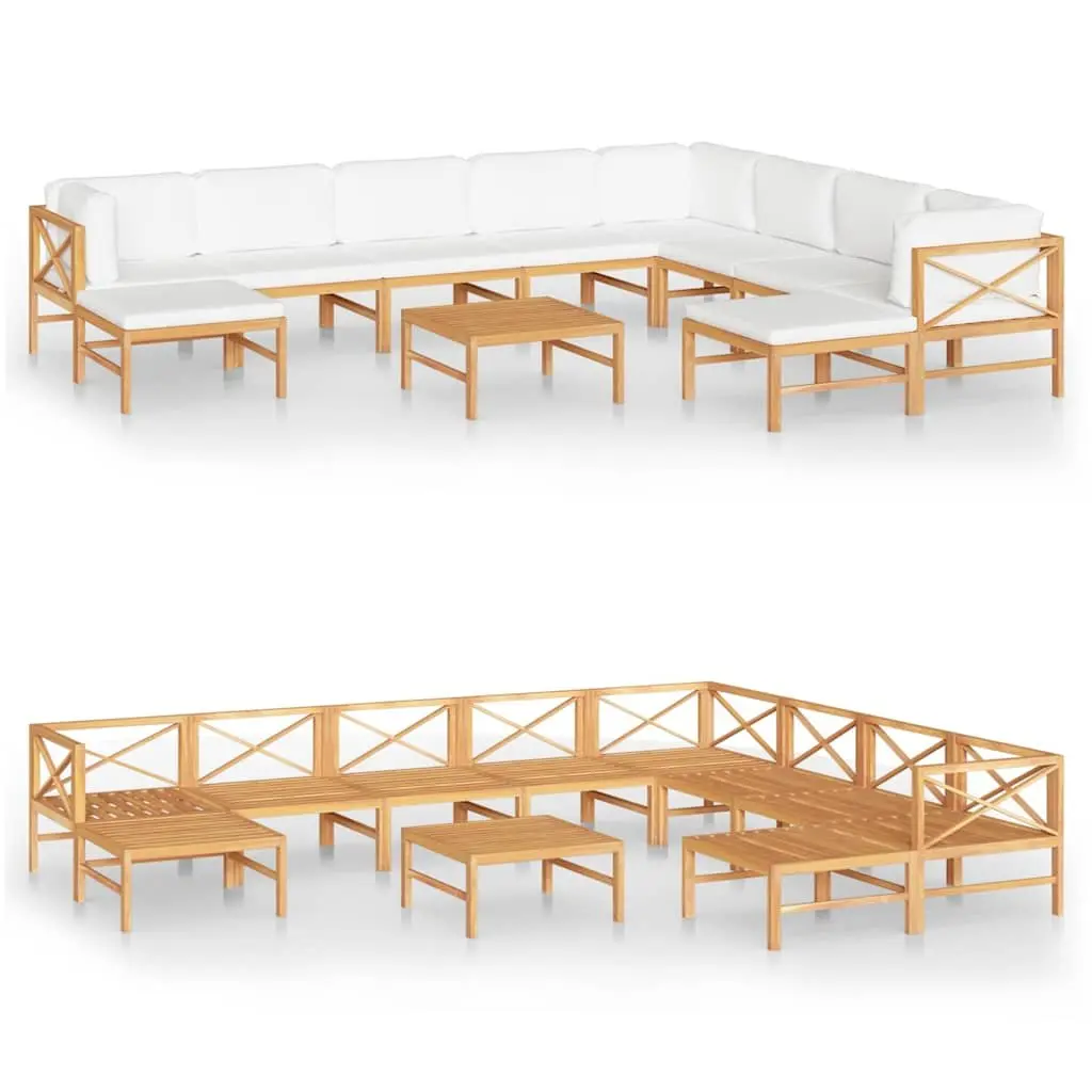 11 Piece Teak Wood Garden Lounge Set with Cream Cushions for Outdoor Patio Furniture