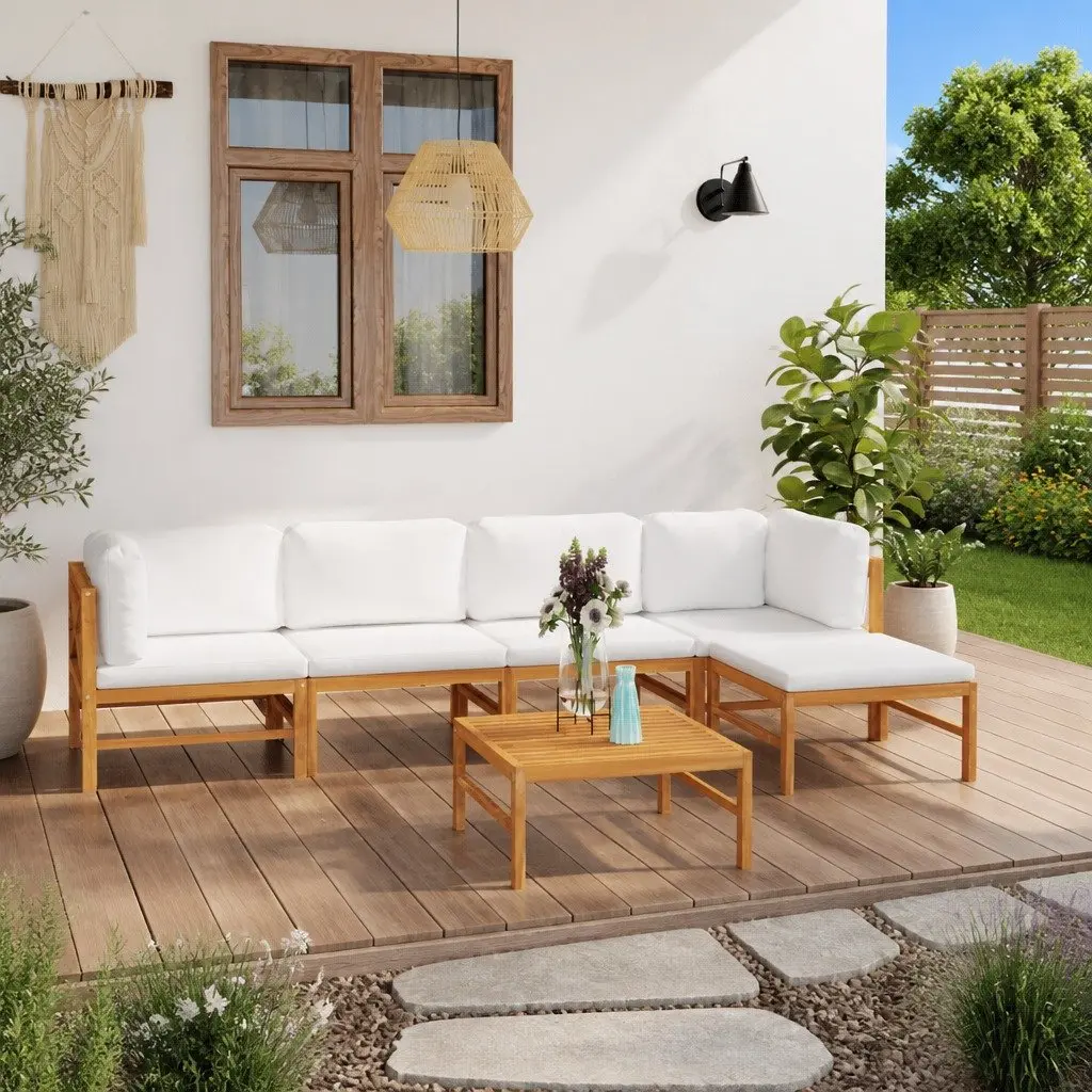 6 Piece Outdoor Lounge Set Teak Wood Cream Cushions Patio Furniture Garden