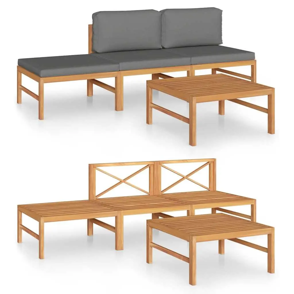 Teak Wood Garden Lounge Set 4 Piece Outdoor Furniture with Grey Cushions and Footrest
