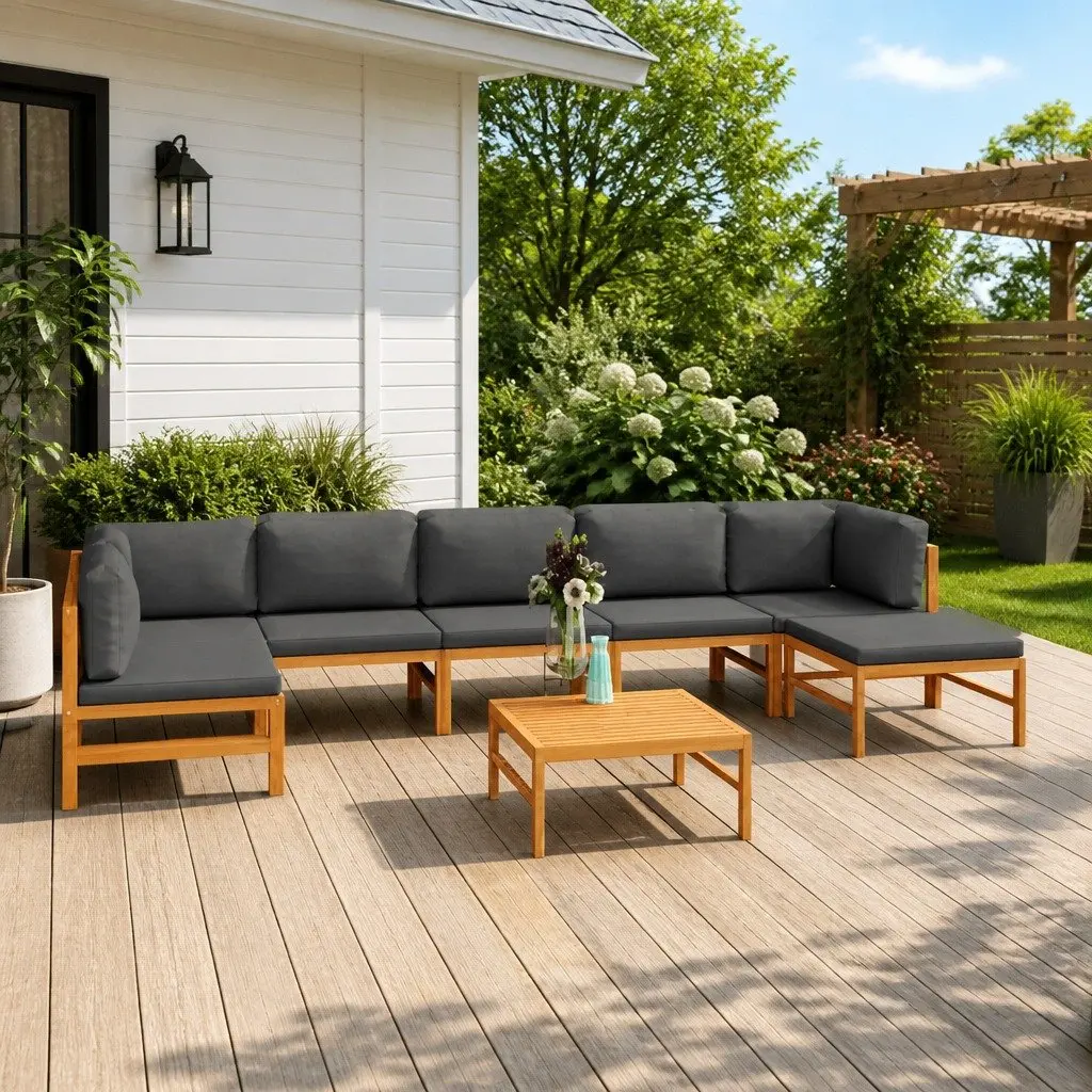 Garden Lounge Set 8 Piece Outdoor Furniture Grey Cushions Teak Wood Patio