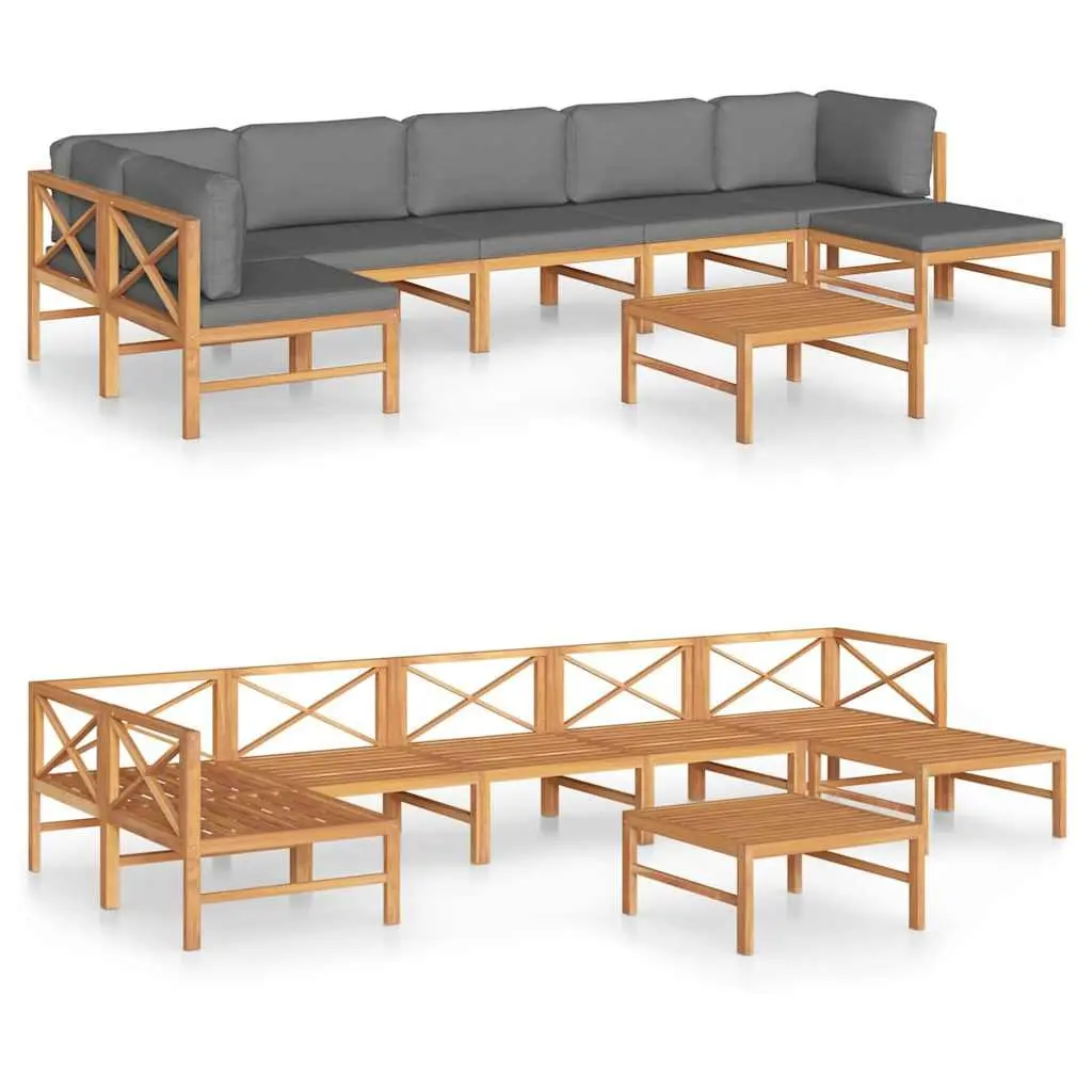 Garden Lounge Set 8 Piece Outdoor Furniture Grey Cushions Teak Wood Patio