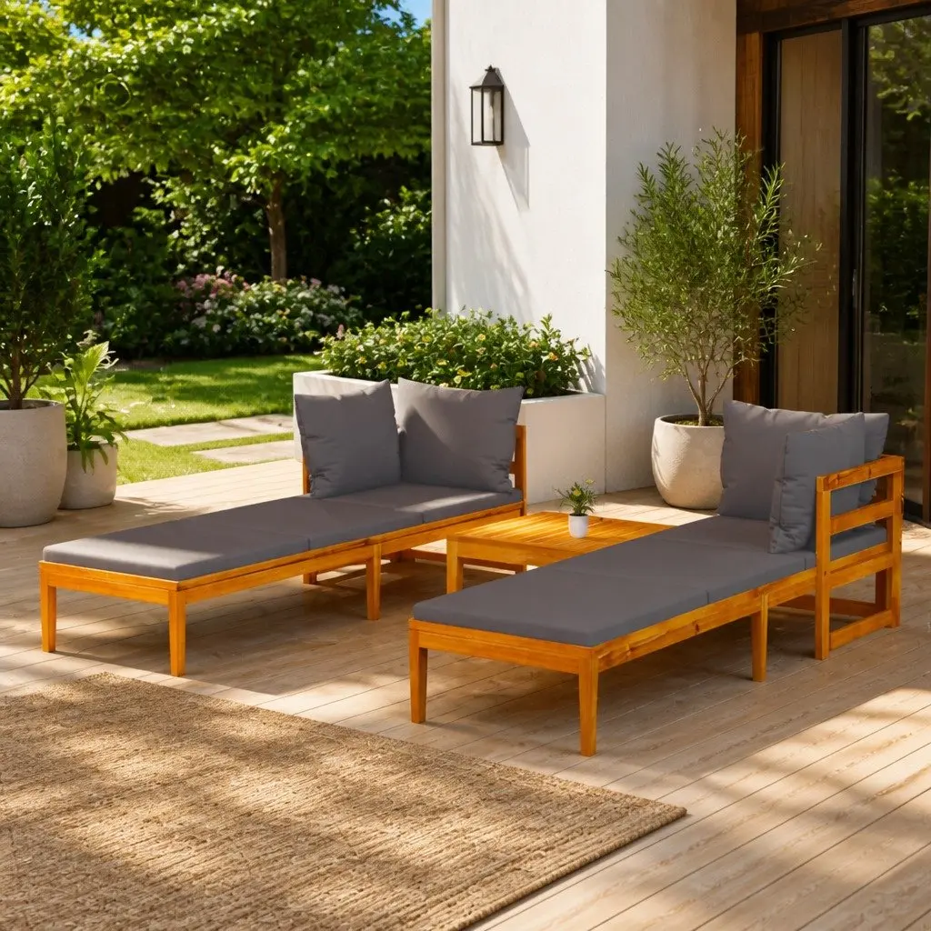 Wooden Garden Lounge Set 3 Piece Acacia Outdoor Furniture Grey Cushioned Patio
