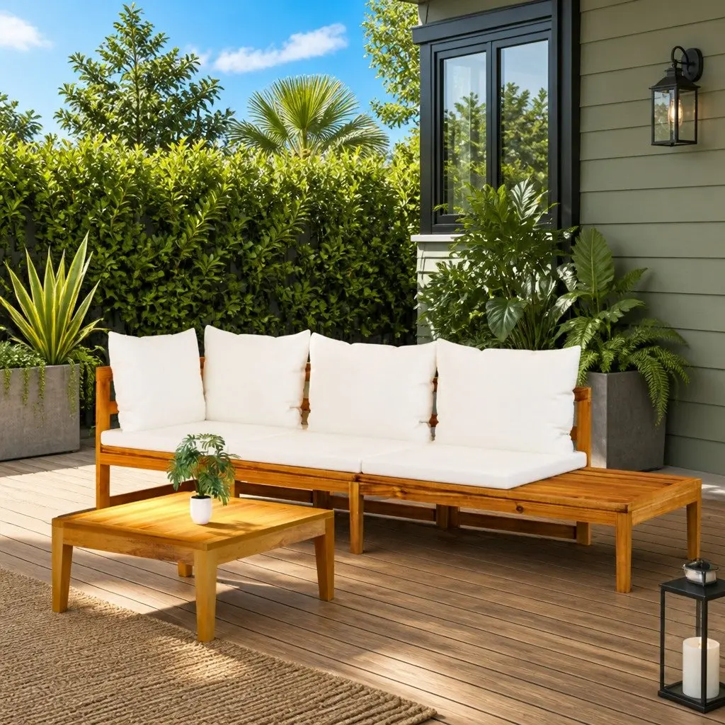 Garden Lounge Set Acacia Wood 3 Piece Outdoor Furniture Patio Sofa with Cream Cushions